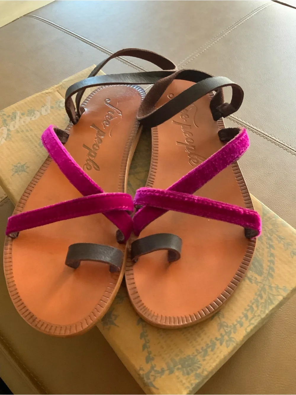 Free People Fuchsia Velvet Strappy Toe-Ring Sandals
